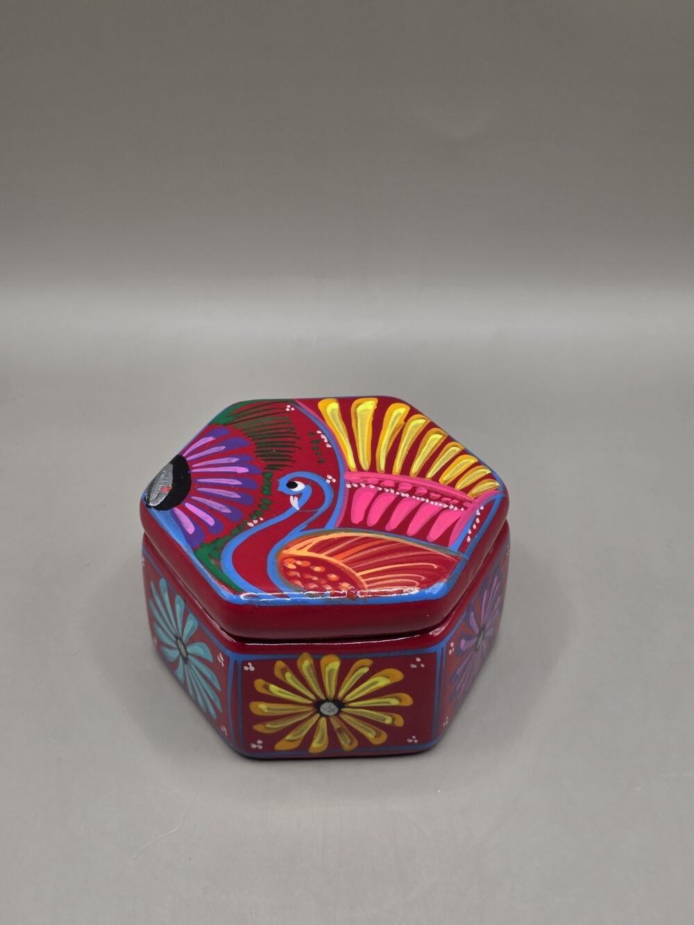 Vintage Mexican Folk Art Clay Trinket Box Hexagon Hand Painted Peacock Flower